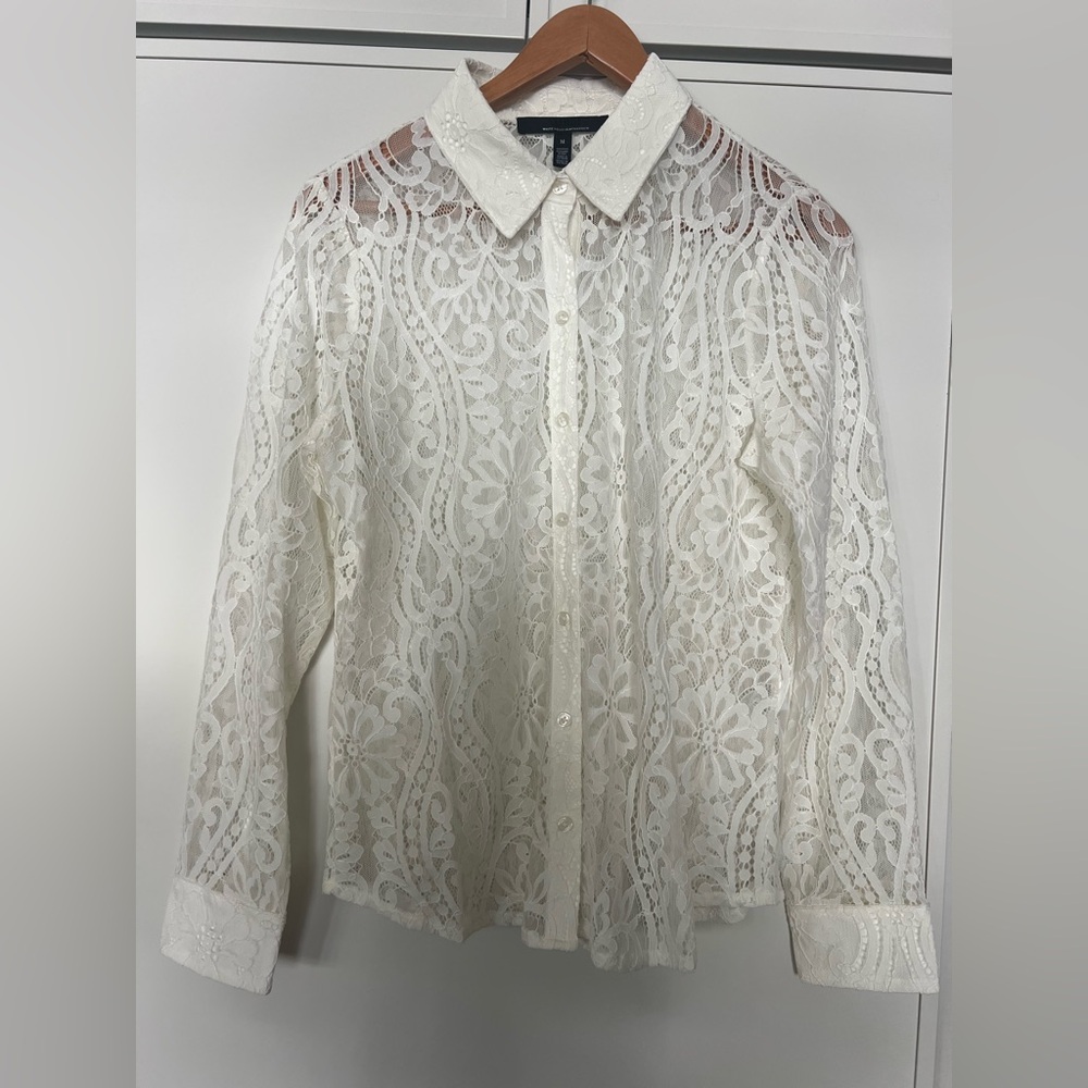 White House Black MarketLong Sleeve  Lace Button Down Shirt in Ecru Size Medium - Picture 4 of 7